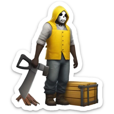Dead by daylight cannibale beside a chest waiting with His chainsaw in His yellow Rubber apron , white skin and a Grey Shirt under the apron sticker