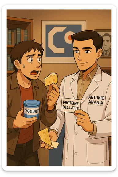 fai un webtoon manga a colori con questo stile, in cui un uomo fa una domanda al kinesiologo con il camice bianco (fagli anche la scritta "ANTONIO ANANIA" SUL CAMICE, l'uomo chiede una cosa mostrando un formaggio e uno yogurt al kinesiologo con il camice, IL KINESIOLOGO annuisce e SPIEGA ALL'UOMO UNA cos. L'UOMO ha un ESPRESSIONE CONFUSA IN VOLTO. non fare i fumetti però, fai solo in modo che sembri stiano parlando sticker