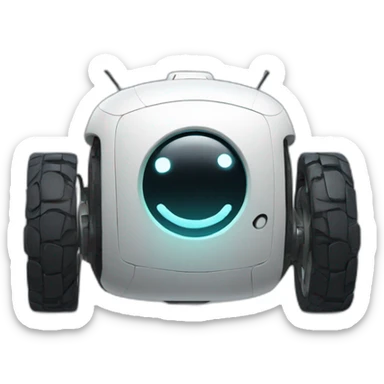 A wheeled Robot with touche screen as face and a Big smiley. sticker
