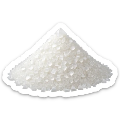 small pile of white sugar crystals, fine and grainy, dry, sparkly, pure white, subtle translucency, scattered grains, 3D-rendered, minimal, no faces sticker