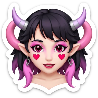 succubus,-pink-irises,-heart-pupils,-black-shaggy-hair,-straight-across-fringe,-grey-skin,-white-horns-curving-towards-forehead,-succubus-horns,-flirty-smile,-full-lips,-black-lips,-cute-fangs sticker