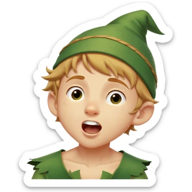 Cinematic Realistic Peter Pan Portrait, head tilted slightly with a dramatic, wide-open yawn, revealing a relaxed yet spirited expression. His detailed tunic and cap, paired with a gentle, ambient glow, capture a tender moment of vulnerability amidst his eternal quest for adventure. sticker