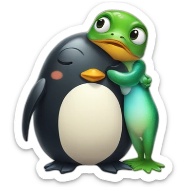 Penguin hugging a frog sticker