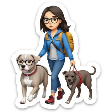 Girl with glasses and long dark hair hiking and walking grey pitbull sticker