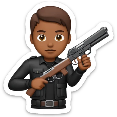 Brown skin emoji wearing all black with a gun in his hands sticker