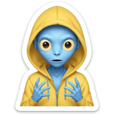 generate a blue alien wearing a yellow hoodie with no zipper sticker