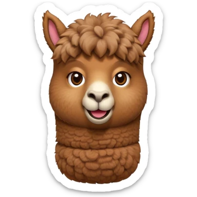 Cinematic Comical Brown Alpaca Portrait Emoji, Head tilted dramatically with an exaggeratedly amused expression, featuring a striking, plush brown fleece with playful texture, wide, expressive warm eyes filled with playful disbelief, Simplified yet hilariously expressive features, highly detailed, glowing with a slightly sassy glow, high shine, dramatic yet playful, stylized with an air of cheeky mischief, bright and endearing, soft glowing outline, capturing the essence of a spirited and over-the-top alpaca, so meme-worthy it feels like it could side-eye its way into internet fame instantly! sticker