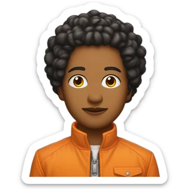 orange jacket meets gentle gaze with jabalí face sticker