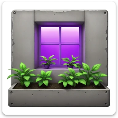 Rectangular concrete structure at night with one bright purple window from plant grow lights sticker