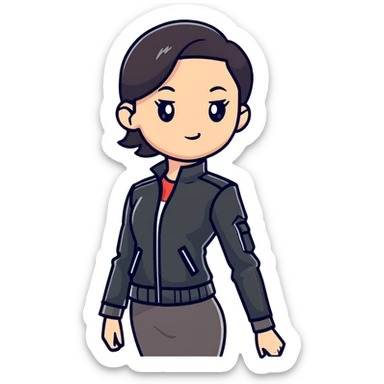 female character with oval-shaped flat-top head wearing a tight-fitting elbow-length black leather jacket sticker