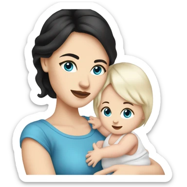 mom holding newborn baby girl with blue eyes white skin black hair sticker