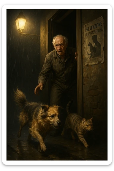 Un uomo anziano in tuta da lavoro, con espressione angosciata, tiene aperta la porta di casa mentre il suo cane (un meticcio a pelo lungo) e il gatto (soriano) scappano nella strada buia sotto la pioggia. Particelle di polvere/pulci fluttuano nell'aria illuminata dal lampione. Sullo sfondo, un poster strappato del veterinario con scritto 'Prevenzione antiparassitaria'. Stile fotorealistico, illuminazione Caravaggesca, toni grigi e ocra. in italiano sticker