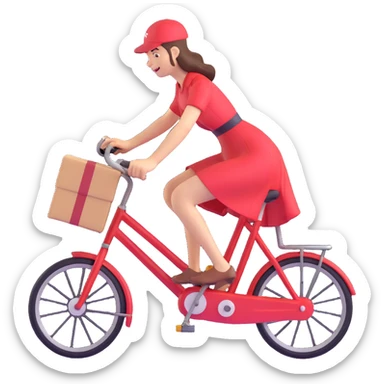 courier in a flowing red dress delivering packages on a bicycle, energetic and cheerful sticker
