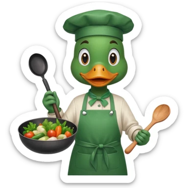 A duck holding a frying pan with vegetables, wearing green apron sticker