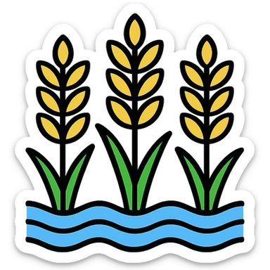 minimal clean icon style of rice plants growing in a flooded paddy field sticker