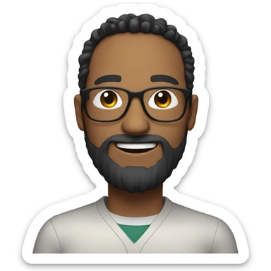 a nerd man, without glasses, black circle beard, curled hairs, smiling sticker