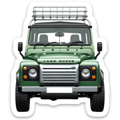Land Rover Defender 110 2.4Tdci in Aintree Green with silver alloy wheels and black roof rack, emoji style, front view sticker