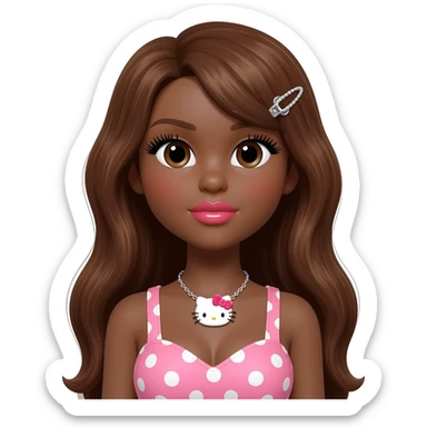 cute glossy lips, doll eyes with long lashes, dark brown skin, long brown hair, big chest, hello kitty necklace, one bow clip, pink and white polkadot tops sticker