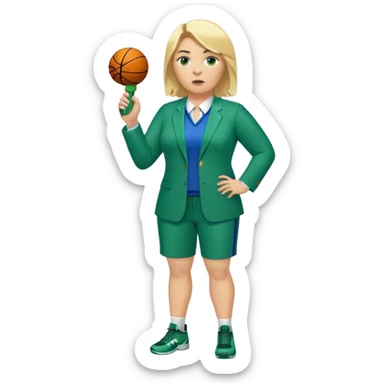 Full Body white plus size female basketball head coach with whistle  blonde hair shoulder length in a blue and green suit sticker