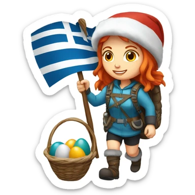 Female winter mountaineer red hair white skin climbing with Greek Flag and Easter eggs basket sticker