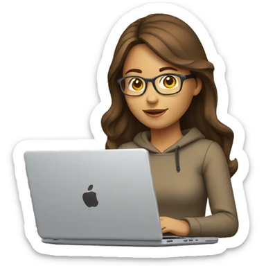 software engineer female with apple laptop. facing the left side while looking at her laptop. very long wavy brown hair, brown eyes, tan skin, yellow sweatshirt, no glasses sticker