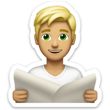 a light-skinned blonde green-eyed male person sitting in front of the long white paper scroll sticker