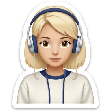 Tan blonde model with brown eyes wearing white headphones and an oversized vintage navy sweatshirt, pretty, eyelashes sticker