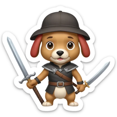 cartoon dog in a backwards hat gripping an oversized sword sticker