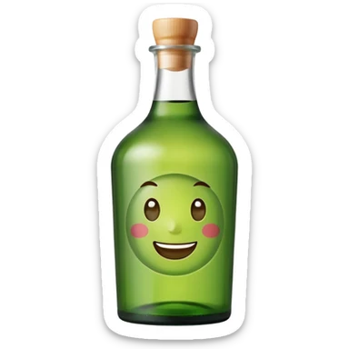 Minimal realistic emoji of a green Korean soju bottle, smooth glass texture, simple Korean label, soft studio lighting, clean background, centered composition, modern emoji design, high quality, 1:1 square sticker