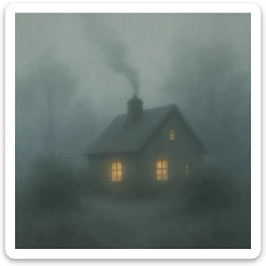 A foggy landscape with a small cottage with smoke coming out of the chimney, foggy style. sticker