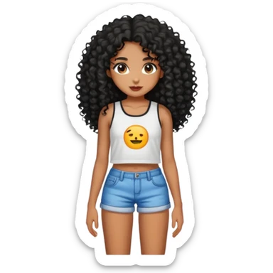 Garota emoji morena, cabelos longos cacheados pretos, short curto e top sticker