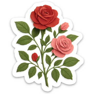 very detailed rose bush, intricate cut paper textures, lush green leaves, multiple blooming roses in red and pink sticker
