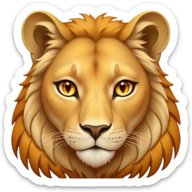 Cinematic Noble Lioness Portrait Emoji, Poised and regal, with a graceful, athletic build and a sleek, tawny Fur, piercing soulful amber eyes, Simplified yet sharp and sophisticated features, highly detailed, glowing with a warm, dignified glow, high shine, intelligent and fierce, stylized with an air of wild elegance, focused and attentive, soft glowing outline, capturing the essence of a watchful and confident lioness, so majestic it feels as though it could silently prowl out of the screen with effortless authority! sticker