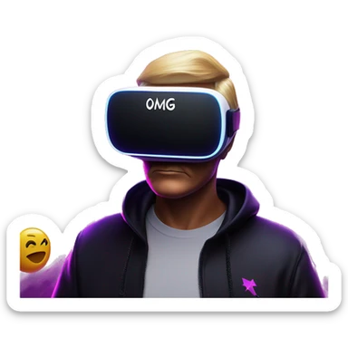 Donald Trump wearing a black hoodie with "OMG" letters on it and VR headset oculus quest 2 in a cyberpunk VR environment with violet neon lighting. sticker