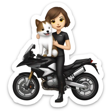 Girl biker white skin and brown short hair with a agv black helmet hugging a white Samoyed sticker