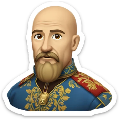 a Cossack warrior, The Cossack has a shaved head and a long strand of hair on one side. He has a thick, curved mustache and wears a gold earring in his left ear. He is wearing a simple Ukrainian embroidered shirt sticker