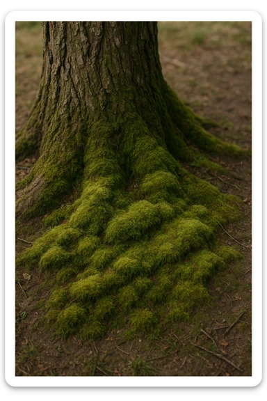 moss growing at the base of a tree, realistic style, soft green textures, earthy tones sticker