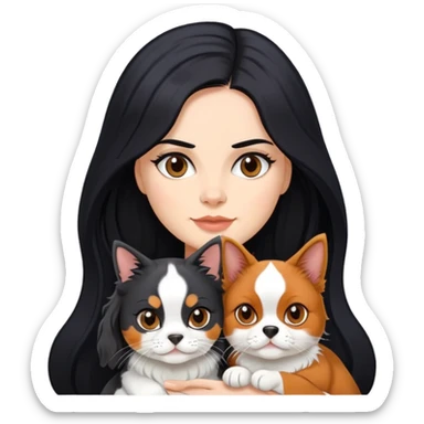 woman with long black hair holding an American Shorthair cat and a Cavalier King Charles Spaniel dog sticker