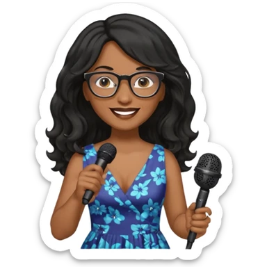 singer, Middle age, long wavy black hair, brown skin, wearing dress, holding mic, glasses sticker