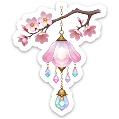 Hanging Iridescent pastel pink sakura crystals white-pearly suncatcher with bell LAMP sticker