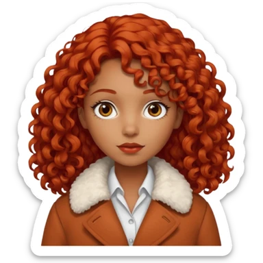 
Dark tanned girl with medium-length, curly, tomato-red hair, dark eyes, wearing a coat with a white collar. sticker