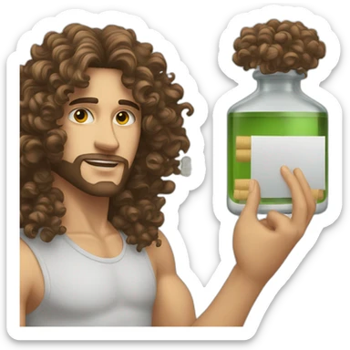 white skin men with long brunette curly hair with a perfum bottle sticker