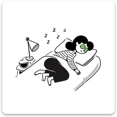 Hand drawn girl sleeping with cucumber slices on eyes and face mask, self care night sticker
