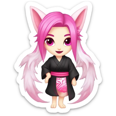 Full body female, succubus kitsune, neon pink eyes, vibrant pink hair, alabaster skin, fluffy black tails, pink tail tips, spiked choker, unique heritage, seductive charm, rebellious spirit, traditional kimonos, spiked anklets, and Barefoot 
 sticker