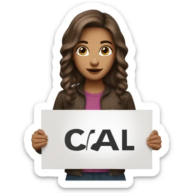 Girl tan brown hair and brown eyes holding sign saying can’t call sticker