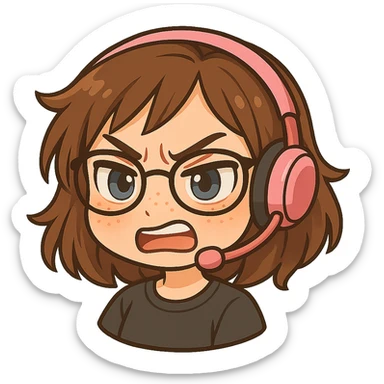 Chibi woman with shoulder length choppy brown hair, pink gaming headset, freckles, glasses, and blue eyes, angry expression, chibi stickers style, no background. sticker