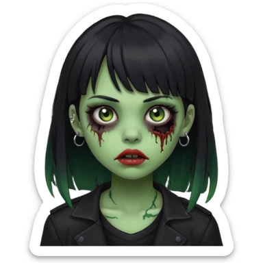 garota zumbi(cor de pele verde), com cabelos pretos e franja, roupa preta e com piercing na boca  sticker
