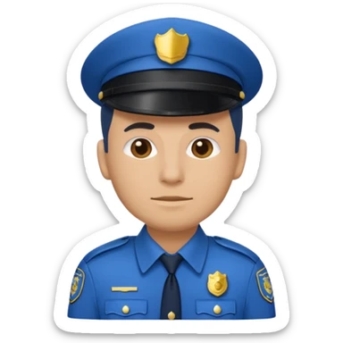 policeman emoji, blue uniform collar and badge visible, head and shoulders only, no cap/hat/headwear, flat emoji style, centered, bold outline, minimal detail, plain background sticker