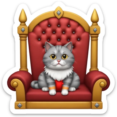 A gray cat with a black nose sitting on a throne looking at the world with disgust sticker