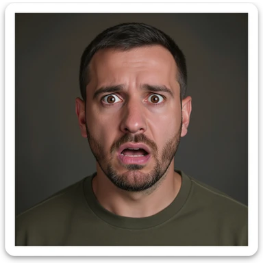 photorealistic portrait of Volodymyr Zelensky, President of Ukraine, expression of fear and shock, short dark hair, trimmed beard, olive green shirt, full head and shoulders visible, centered, strong likeness to Zelensky sticker